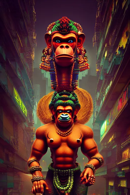 Image similar to high quality 3 d render post - rococo cyberpunk hanuman! head building, neon madhubani, open mouth, highly detailed, in sci - fi mumbai, cinematic smooth unreal engine, lee madgwick & liam wong, dramatic light, low angle, uhd 8 k, sharp focus