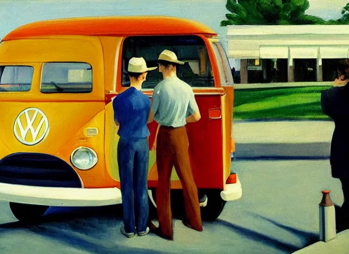 Prompt: painting, two young men and women near blue vw bus, by edward hopper, bernardo bertolucci dreamers movie scene