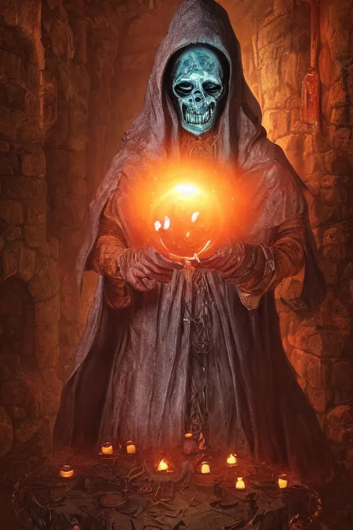 Image similar to a lich holding a magical orb, surrounded by an aura of darkness, human skull, in a medieval crypt, fantasy horror art, digital painting, HDR, 8k, cgsociety, octane engine, by Tim White and John Stephens