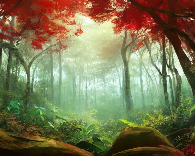 Prompt: lush deciduous forest in a humid subtropical climate, red and brown soil, green and teal leaves, atmospheric fantasy concept art