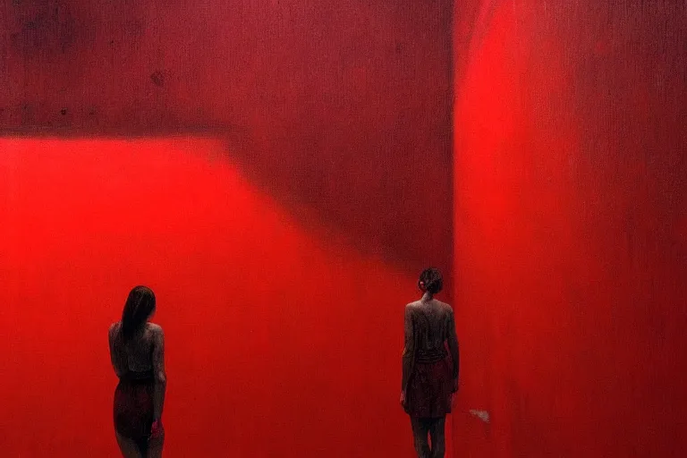 Image similar to only with red, crowd screaming, an exposed painting in a roman theater, in the style of beksinski, parts by edward hopper, parts by rodcenko, parts by yue minjun, intricate and epic composition, red by caravaggio, insanely quality, highly detailed, masterpiece, red light, artstation, 4 k