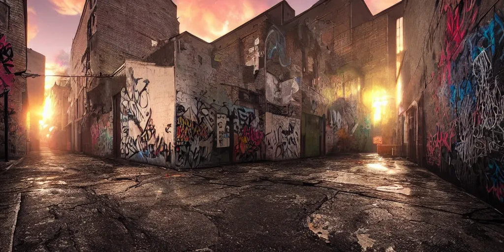 Image similar to photo realistic!! a graffiti filled alley at sunset after raining, dramatic lighting, artstation, unreal engine
