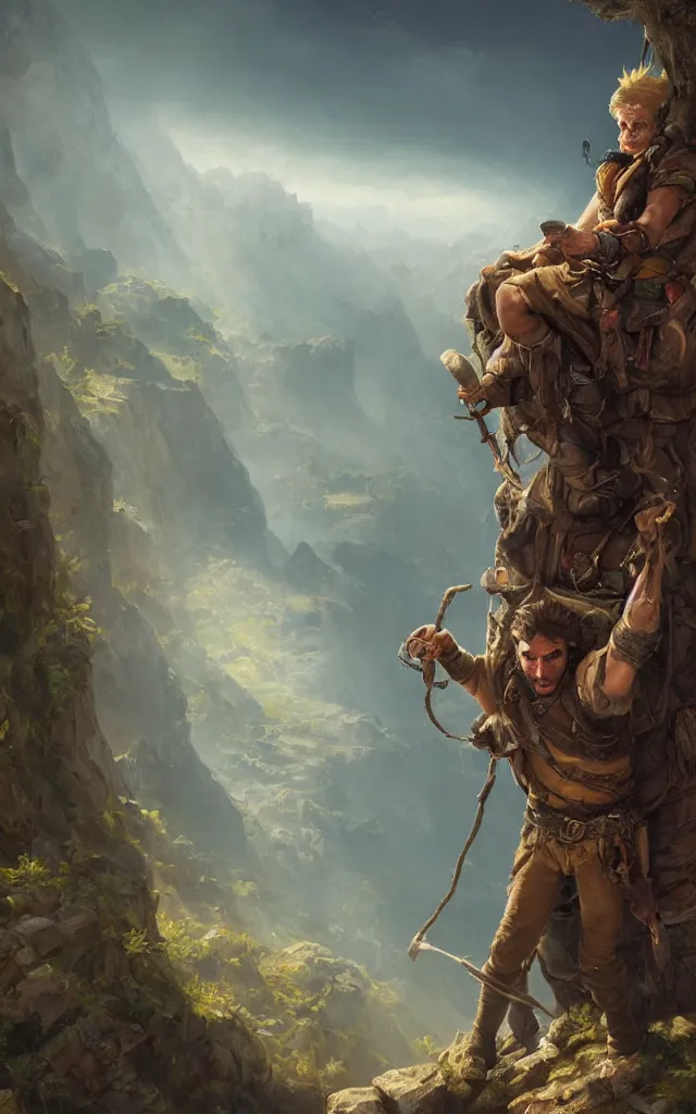 Image similar to an oil art close - up portrait painting of young handsome fool adventurer with adventurer hiking backpack, grim gwent card, gipsy mage adventurer character design from inquisition, climbing up a cliffside, 4 k, ultra detail, volumetric lighting, unreal engine, octane render, by tom bagshaw, andreas rocha, karol bak, artgerm