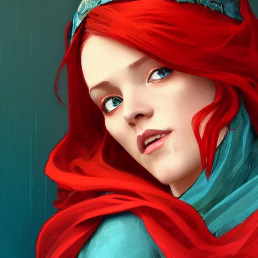 Image similar to A beautiful digital painting of a woman with red hair, in a turquoise cloak with a wide hood, D&D, fantasy, intricate, cinematic lighting, highly detailed, digital painting, Artstation, concept art, smooth, sharp focus, illustration, art by Artgerm and Greg Rutkowski, Alphonse Mucha and charlie bowater