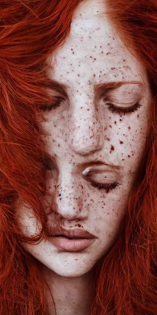 Image similar to dream symmetrical portrait of a woman , close-up, high sharpness, zeiss lens, fashion photo shoot, flowers, red hair, freckles, Annie Leibovitz and Steve McCurry, David Lazar, Jimmy Nelsson, artistic, hyper-realistic, beautiful face, octane rendering