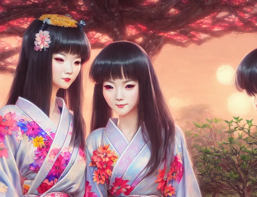 Image similar to two beautiful fashion taiwan girls wear fantasy yukata in festival | | big eyes, sunny, dreamlike art, realistic shaded, smile, good looking, fine details, 4 k realistic, cryengine, realistic shaded lighting poster by greg rutkowski, magali villeneuve, artgerm, jeremy lipkin and michael garmash and rob rey