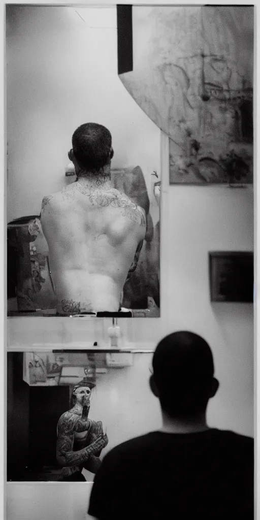 Prompt: a man with micron pen ink tattoos stares in a mirror, reflection, bruce gilden, leica s, fuji 8 0 0, grainy, low light