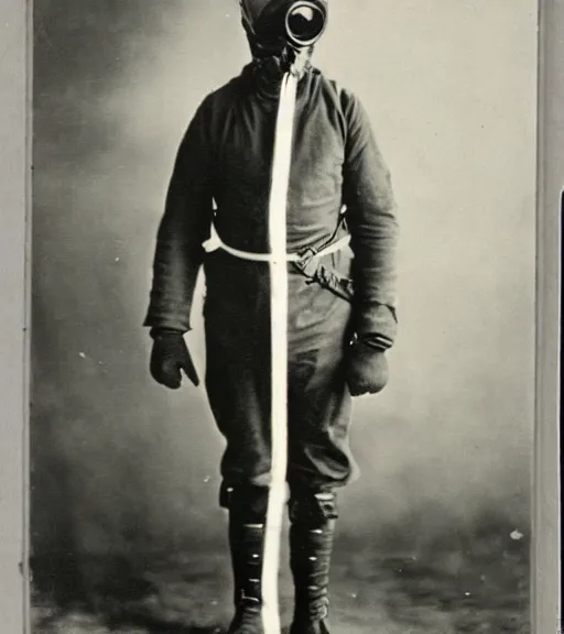 Image similar to full body shot of a man in a anti-radiation hazmat suit and gasmask, ww1 film photo, grainy, high detail, high resolution