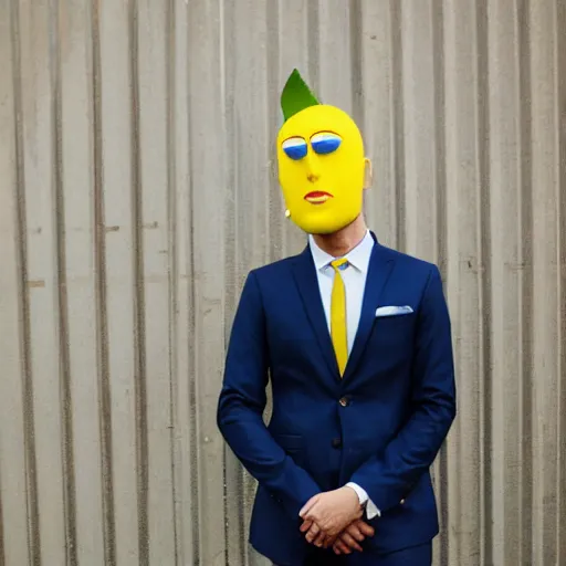 Image similar to a man wearing a suit lemon head