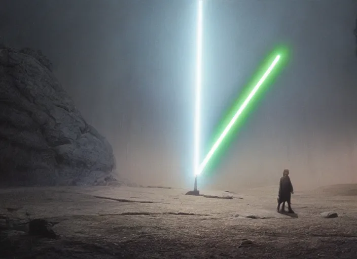 Prompt: epic still of Luke Skywalker using lightsaber in foggy environment, approaching an ancient temple in the distance, iconic scene from the 1980s film directed by Stanley Kubrick, cinematic lighting, kodak film stock, strange, hyper real, stunning moody cinematography, with anamorphic lenses, crisp, detailed portrait, 4k image