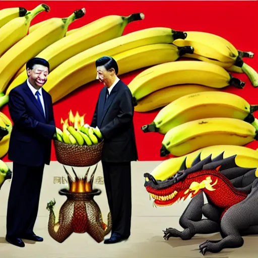 Image similar to Chinese president with bananas, dragon, fight, flaming mountain, painting