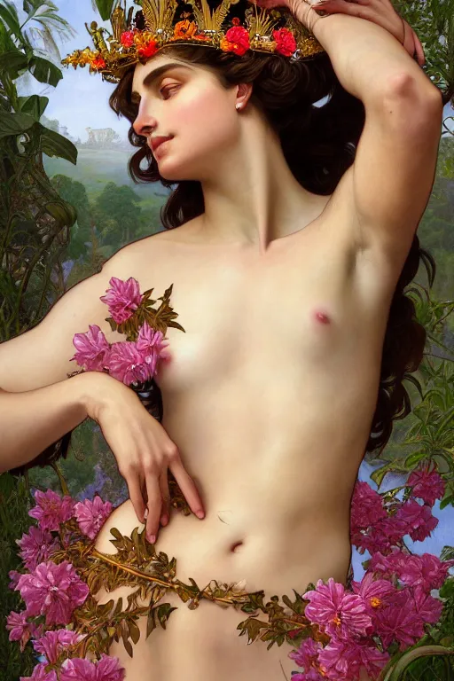 Image similar to body portrait of beautiful roman godess wearing a robe of flowers, wearing a crown of leaves, full body portrait of a young beautiful woman low angle by terry o'neill intricate, elegant, highly detailed, digital painting, artstation, concept art, smooth, sharp focus, illustration, art by artgerm and greg rutkowski and alphonse mucha, 8 k