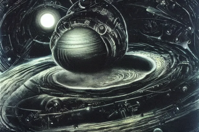 Prompt: painting by h. r. giger, infinite cosmos, blackhole sun, cosmic horror, warp space, sharp focus, unimaginable composition, incredible depth, void, oblivion