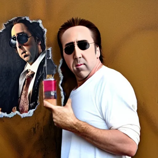 Prompt: Photo Nicolas Cage holding another Nicolas Cage that paint himself on a wall.