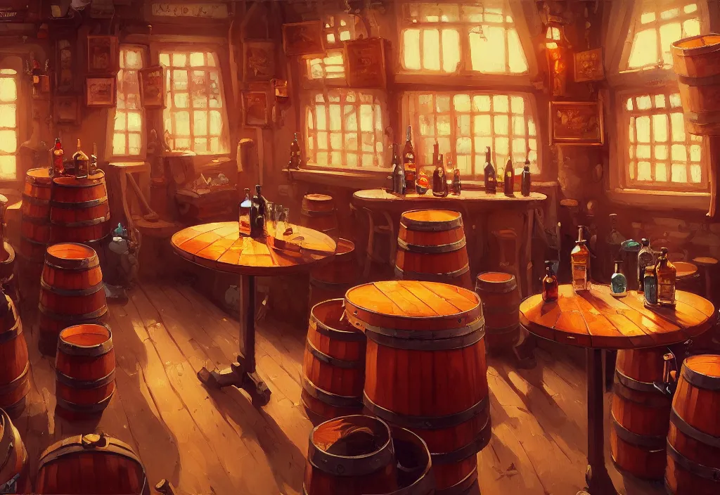 Prompt: small saloon interior with barrels tables and bottles, intricate oil painting, high detail illustration, sharp high detail, manga and anime 1 9 9 9, official fanart behance hd artstation by jesper ejsing and makoto shinkai, 4 k,
