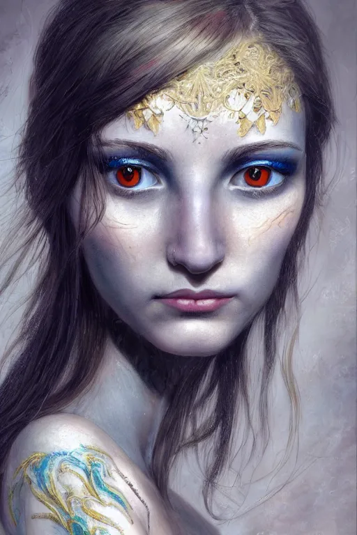 Image similar to high quality extremely detailed closeup portrait of a young attractive female necromancer looking away from the camera, dressed, realistic eyes, sparkle in eyes, no hands visible, fantasy, d & d, intricate, painting by lucian freud and mark brooks, hd