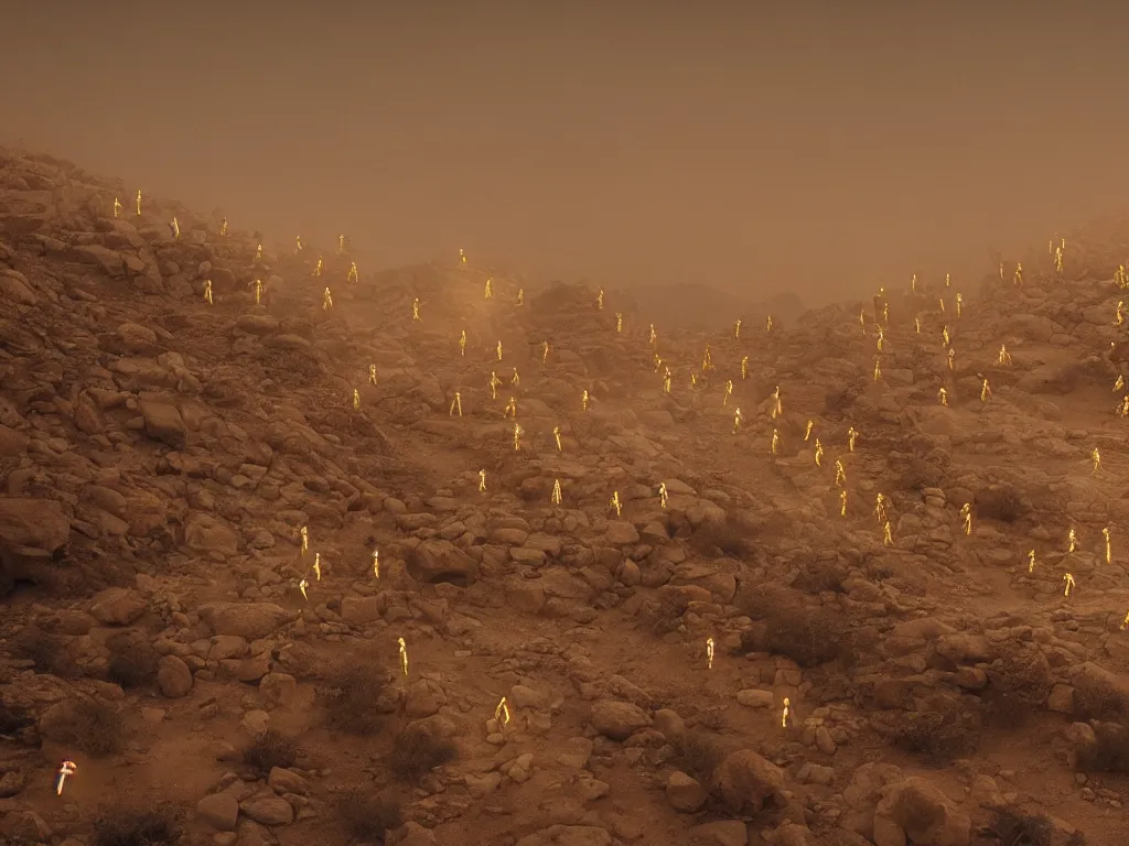 Prompt: the line of glowing bene gesserit people in full - face golden masks in a dry rocky desert landscape with ancient abandoned city beneath the sand and giant alien spaceship in smoke and fire by christopher doyle and alejandro jodorowsky, anamorphic lens, kodakchrome, cinematic composition, very detailed photo, 8 k,