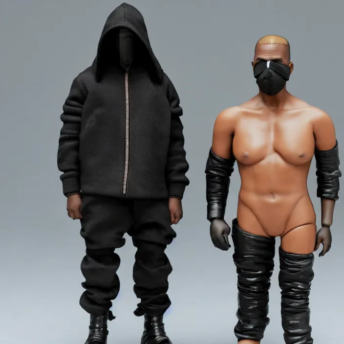 Prompt: kanye west using a black mask with small holes, a black shirt, a black undersize hoodie and black rubber boots, a hot toys figure of kanye west using a black mask with small holes, a black shirt, a black undersize hoodie and black rubber boots, figurine, detailed product photo