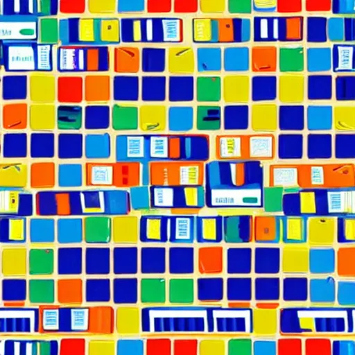 Image similar to a beautiful artistic seamless repeating pattern of floppy disks and surfboards