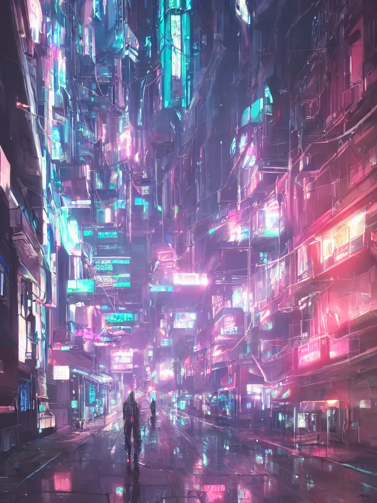 Image similar to neonpunk street, hanging cables, narrow, garbadge on the ground. rain. fog, haze, evening. led screens. very messy. futuristic. photorealistic. artstation. anime