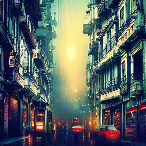 Image similar to the city of Oporto Portugal depicted in the style of blade runner