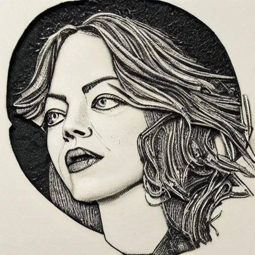 Image similar to detailed etching of emma stone, etching on metal, by mauritius escher