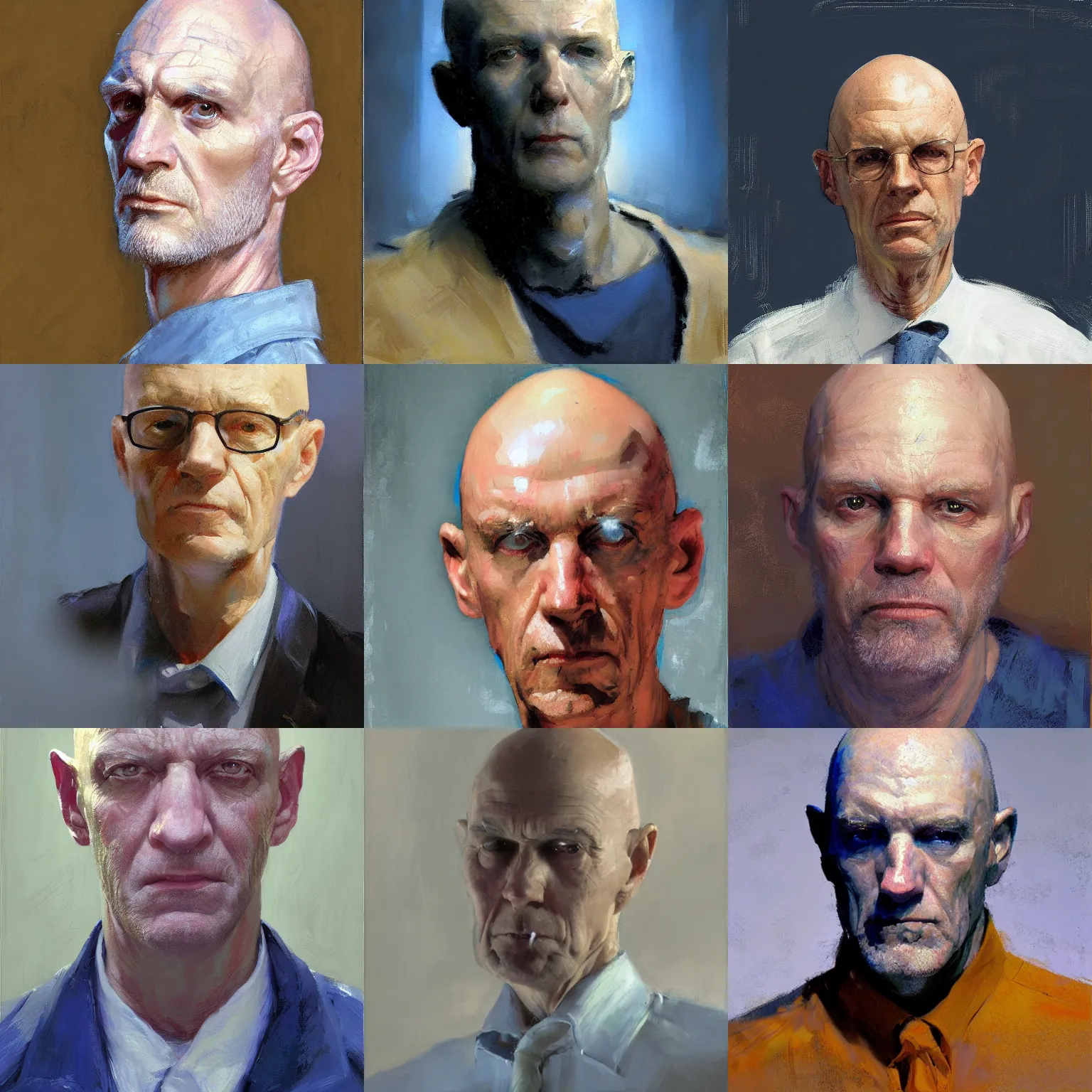Prompt: full shoulder head portrait of a slender old white man, bald, blue stripe on head, wide angle lens, painting by Craig Mullins, by Moebius,