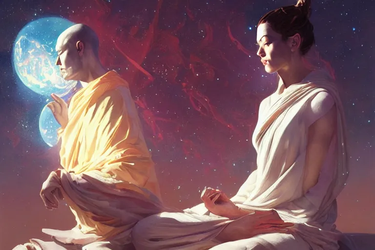 Image similar to space, buddhism, taoism, painting by greg rutkowski, j. c. leyendecker, artgerm