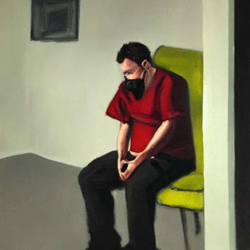 Image similar to a tired doctor in scrubs, sitting on chair, smoking weed, looking lonely and sad, oil painting, dark theme