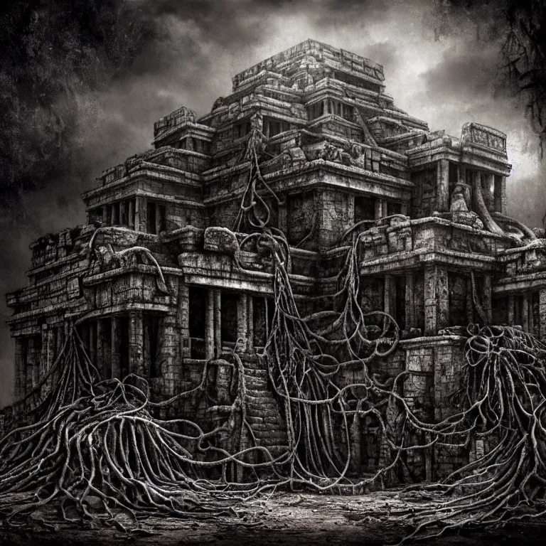 Image similar to still life of abandoned mayan temple, covered with tentacles, roots, wires, tubes, baroque painting, standing in a desolate empty wasteland, creepy, nightmare, dream-like heavy atmosphere, dark fog, surreal abandoned buildings, baroque painting, beautiful detailed intricate insanely detailed octane render trending on Artstation, 8K artistic photography, photorealistic, chiaroscuro, Raphael, Caravaggio, Beksinski, Giger