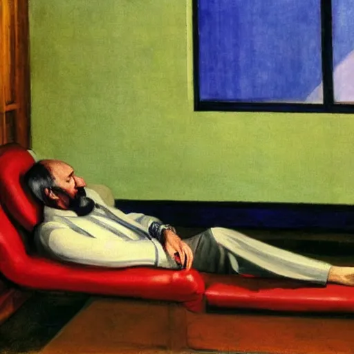 Image similar to Sigmund freud lying on the couch in a therapy room by Edward Hopper, evening light, light coming through the window