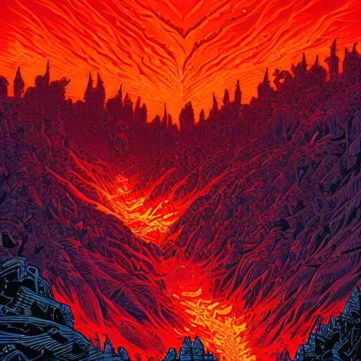 Prompt: A fiery hellscape by Dan Mumford