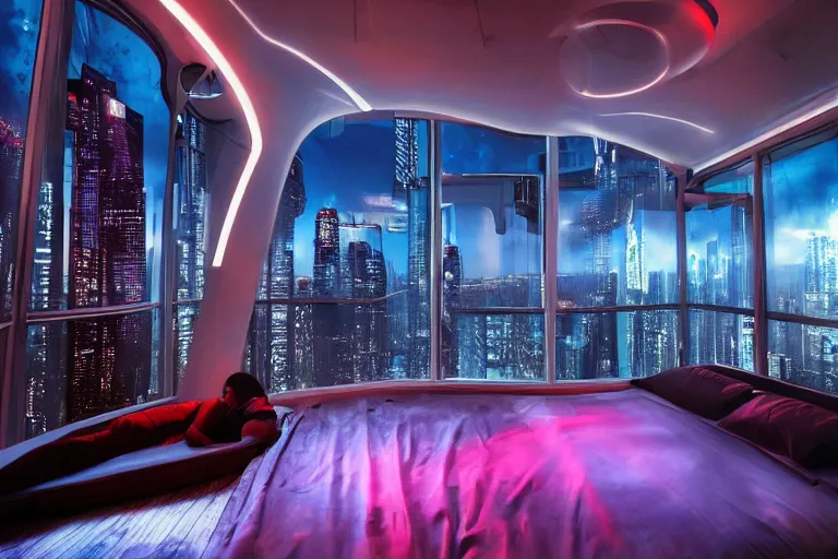 Image similar to a futuristic bedroom with large curved ceiling high windows looking out to a far future cyberpunk cityscape, cyberpunk neon lights, raining, scifi