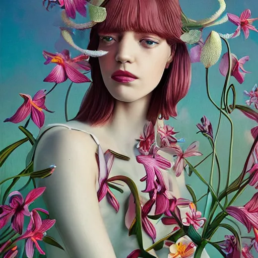 Image similar to pretty model with lilies : : by martine johanna and simon stalenhag and chie yoshii and casey weldon and wlop : : ornate, dynamic, particulate, rich colors, intricate, elegant, highly detailed, vogue, harper's bazaar art, fashion magazine, smooth, sharp focus, 8 k, octane render