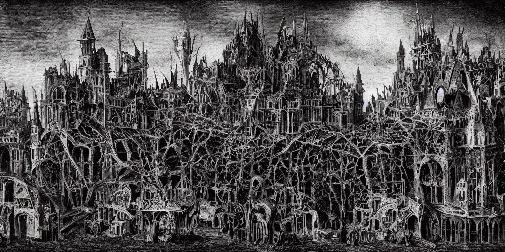 Image similar to demonic gothic megastructure at dusk in the style of heironymus bosch, intricate masterpiece, hyper detailed, hd