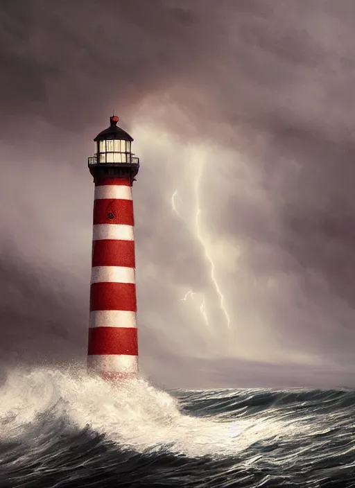 Image similar to portrait, light house on the ocean side in a thunderstorm, high waves, dramatic lighting, cinematic, establishing shot, extremly high detail, photo realistic, cinematic lighting, post processed, concept art, artstation, matte painting, style by eddie mendoza, raphael lacoste, alex ross