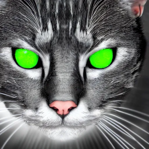 Image similar to a black and white cat mob boss in space with colorful bright green eyes, medium shot, hd, 8k, hyper-realism, detailed, octane 8k,