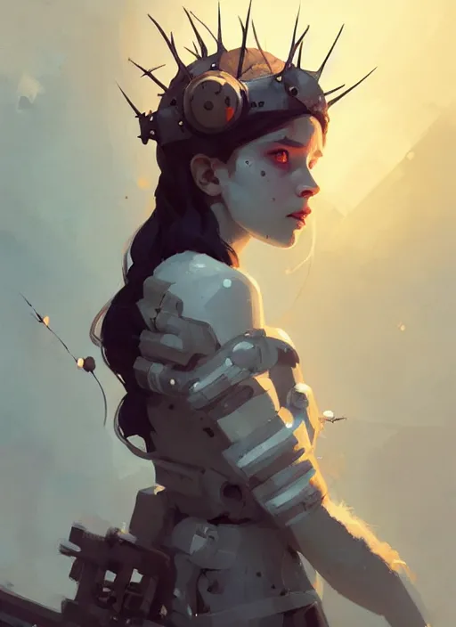 Image similar to portrait of cute gith maiden girl with crown of thorns and white hairs, warhammer, cyberpunk, by atey ghailan, by greg rutkowski, by greg tocchini, by james gilleard, by joe gb fenton, by kaethe butcher, dynamic lighting, gradient light blue, brown, blonde cream and white color in scheme, grunge aesthetic