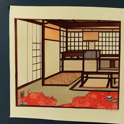 Prompt: a watercolor of a traditional japanese room.
