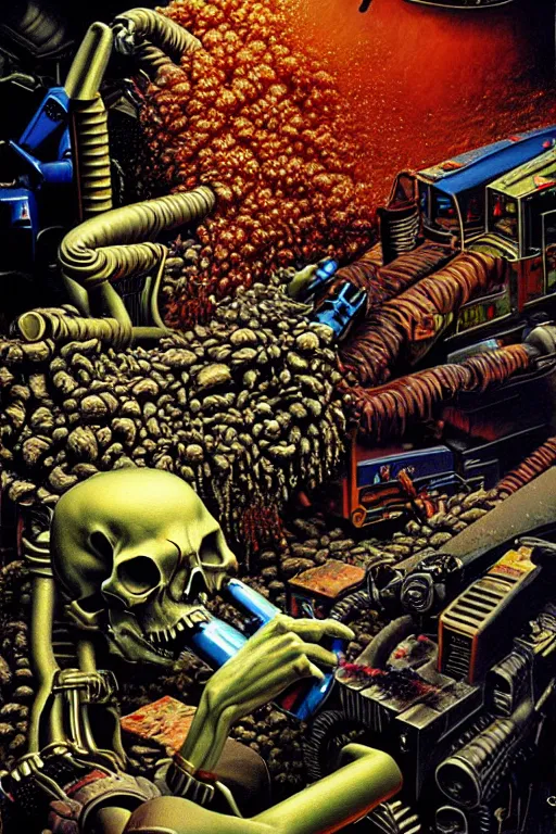 Prompt: a hyperrealistic painting of a death machine spewing chunks out of a wood chipper, cinematic horror by chris cunningham, lisa frank, richard corben, highly detailed, vivid color,