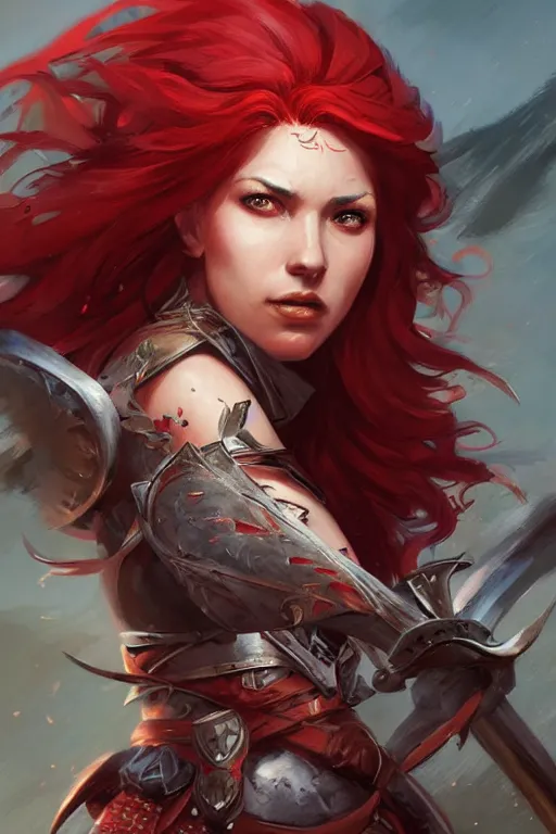 Image similar to beautiful warrior woman with red hair and two swords, fantasy, portrait, highly detailed, digital painting, trending on artstation, concept art, sharp focus, illustration, art by artgerm and greg rutkowski and magali villeneuve