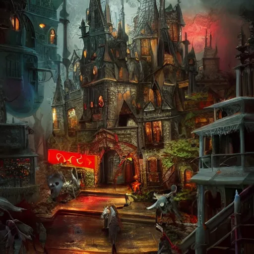 Image similar to Fantasy Toy Store Horror, Fantasy Hyper detailed digital matte painting, concept art, hyperrealism, Cinema 4D, 8k resolution, 64 megapixels, coherent, bokeh, CGSociety, ZBrush Central, behance HD, hypermaximalist, a masterpiece, 4K