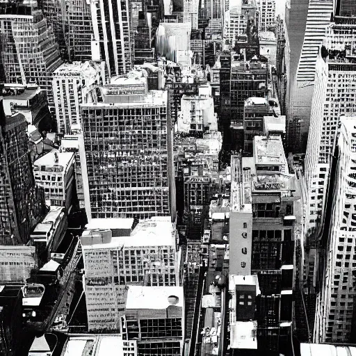 Prompt: busy city street, downtown manhattan, top down, business district, ultra realistic, black and white