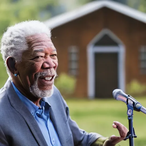 Prompt: cinematic still of Morgan Freeman preaching at a Baptist Church in Rural Tennessee, close up, shallow depth of field, cinematic