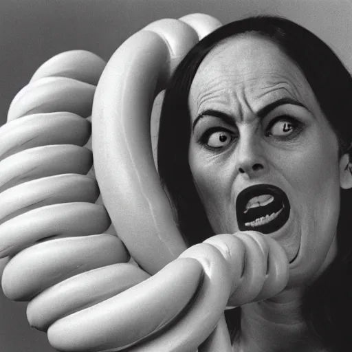 Image similar to A depressed woman and an inflatable intestine, John Waters film still, color 1970