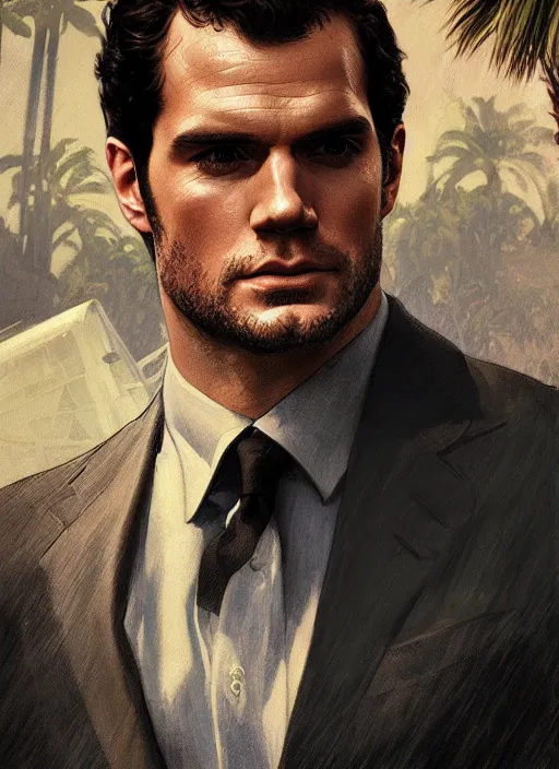 Image similar to portrait of henry cavill as james bond, key art, palm trees, vintage aston martin, highly detailed, digital painting, artstation, concept art, cinematic lighting, sharp focus, illustration, by gaston bussiere alphonse mucha