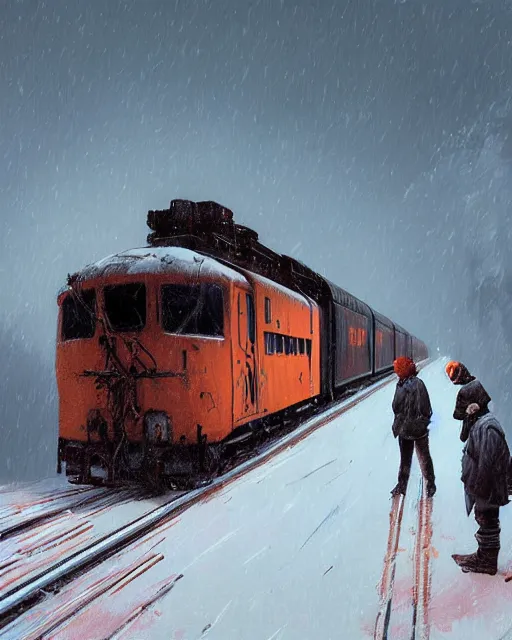 Prompt: a highly detailed epic cinematic concept art CG render digital painting artwork: Railroad in snowy landscape of Siberia and worker in orange west. By Greg Rutkowski, in the style of Francis Bacon and Syd Mead and Norman Rockwell and Beksinski, open ceiling, highly detailed, painted by Francis Bacon and Edward Hopper, painted by James Gilleard, surrealism, airbrush, Ilya Kuvshinov, WLOP, Stanley Artgerm, very coherent, triadic color scheme, art by Takato Yamamoto and James Jean