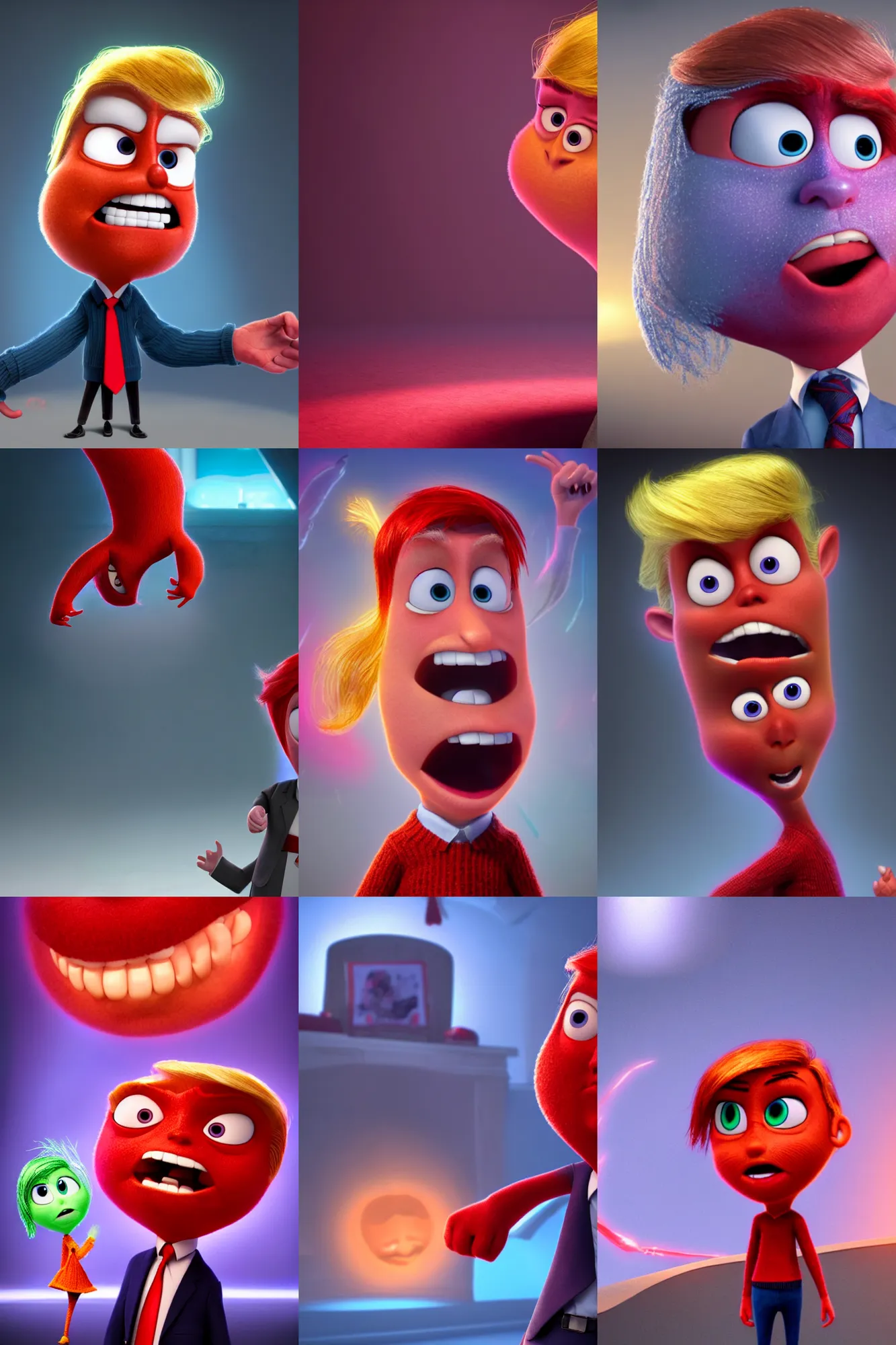 Prompt: a donald trump as red anger in inside out, mr. nimbus character design, sharp, rendered in unreal engine 5, anime key art by glen keane, ross tran, bloom, dramatic lighting, sunrise