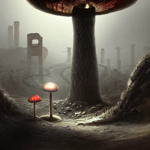 Prompt: a clockwork mushroom wanders through the wastes of an ancient city, photorealistic, ultra detailed, eerie lighting, foggy, deep shadows