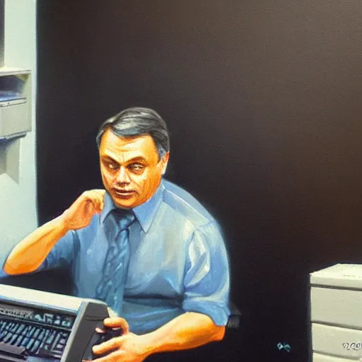 Image similar to viktor orban programming a commodore 6 4 in a cubicle, oil painting